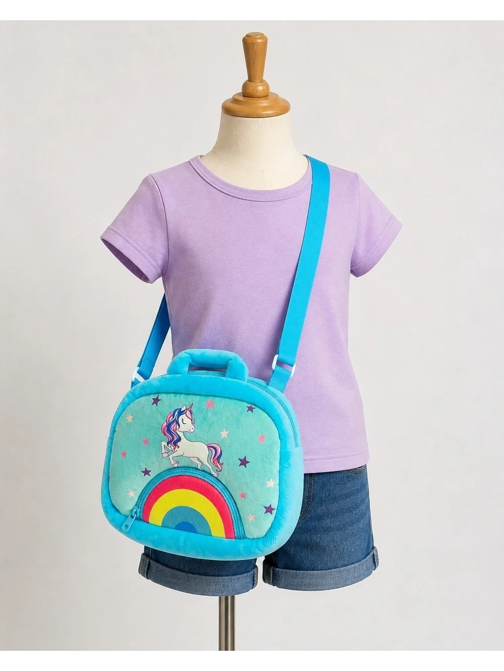 Plush Unicorn Rainbow Crossbody Shoulder Bag Kids Blue Soft Zip Purse EUC Cute